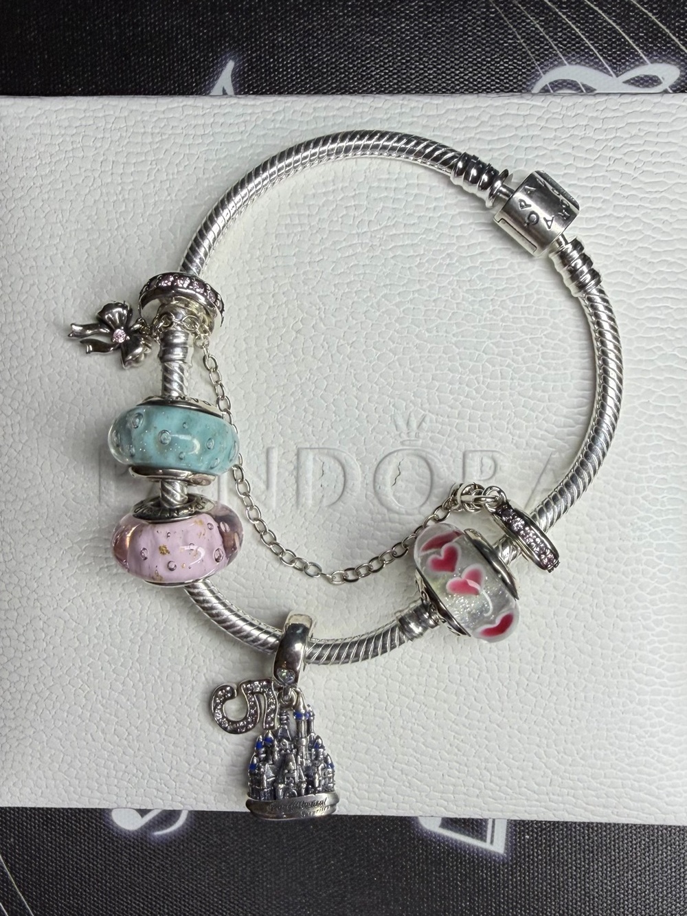 Pandora Silver Charm Bracelet with Pastel Glass and Castle Dangle